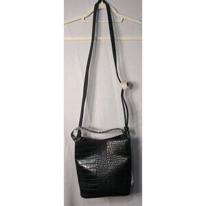 AOTA Elena Vegan Croc-Embossed‎ Leather Crossbody Strap Bucket Bag Black NWT